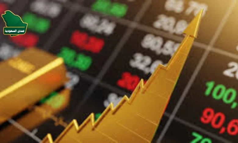 رسم بياني مالي يظهر تراجع مؤشر الذهب مقابل ارتفاع أسعار النفط في شاشة تداول الأسواق العالمية مع مؤشرات حمراء وخضراء تعكس تقلبات أسعار النفط والتضخم