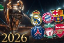 كأس دوري أبطال أوروبا بجانب شعارات أندية مرشحة للقب افضل نادي في العالم 2026.