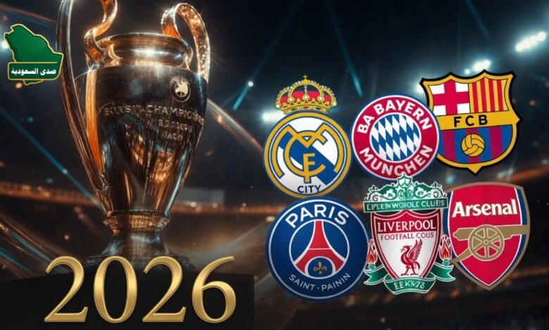 كأس دوري أبطال أوروبا بجانب شعارات أندية مرشحة للقب افضل نادي في العالم 2026.