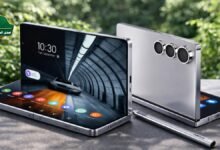 صورة بارزة لهاتف Samsung Galaxy Z Fold8 القابل للطي بشاشته الرئيسية الكبيرة وأخرى خارجية مفتوحة.