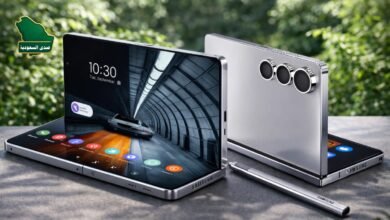 صورة بارزة لهاتف Samsung Galaxy Z Fold8 القابل للطي بشاشته الرئيسية الكبيرة وأخرى خارجية مفتوحة.