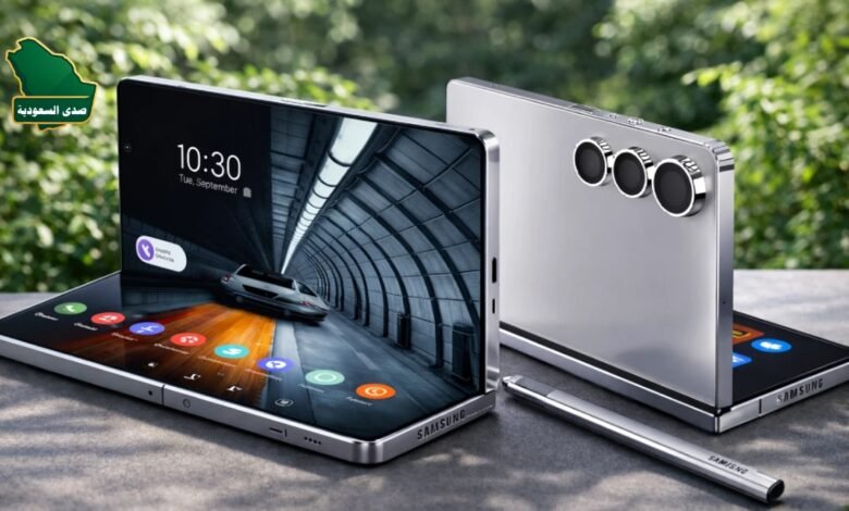 صورة بارزة لهاتف Samsung Galaxy Z Fold8 القابل للطي بشاشته الرئيسية الكبيرة وأخرى خارجية مفتوحة.